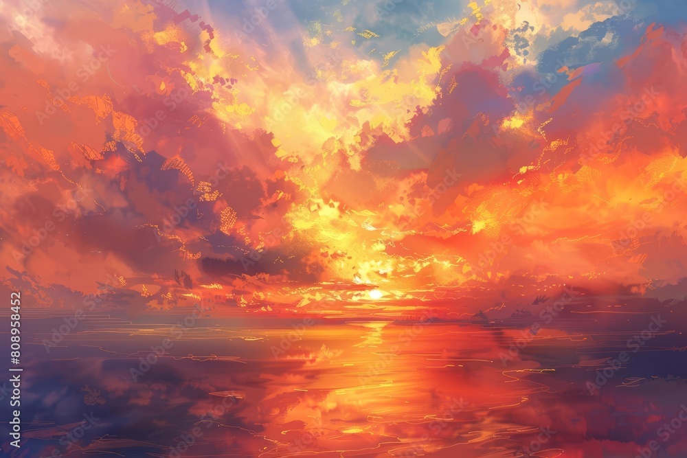 majestic orange sunrise with dreamy clouds in panoramic nature sky digital painting 11