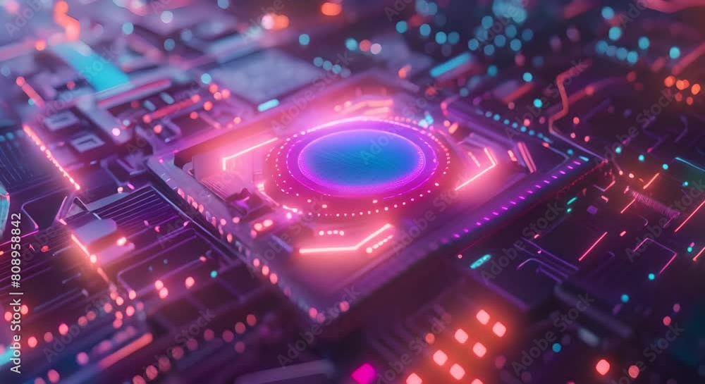 Circuit board with glowing blue and red lights Circuit board with glowing blue and red lights