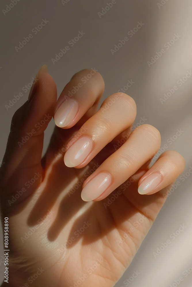 hand with short and rounded nails, featuring soft pink nail polish in an elegant manicure design, natural, nude nails hand with short and rounded nails, featuring soft pink nail polish in an elegant manicure design, natural, nude nails