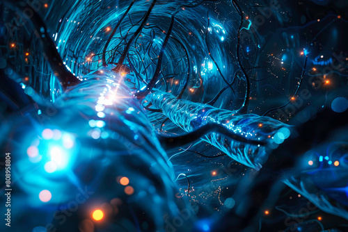 looking down on a blue glowing neural network within a cylindrical tube, large neuron suspended in the tube