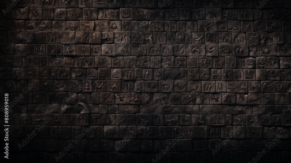 Cuneiform or Egyptian hieroglyphs of Ancient civilization carved on dark stone wall. Undeciphered signs like Sumerian and Babylonian writing. Concept of mystery, old script, puzzle.