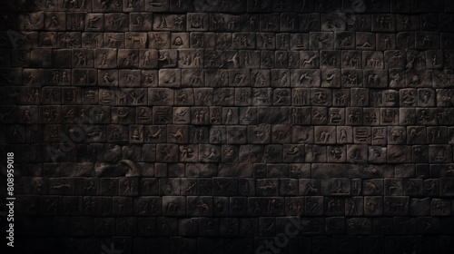 Cuneiform or Egyptian hieroglyphs of Ancient civilization carved on dark stone wall. Undeciphered signs like Sumerian and Babylonian writing. Concept of mystery, old script, puzzle. photo