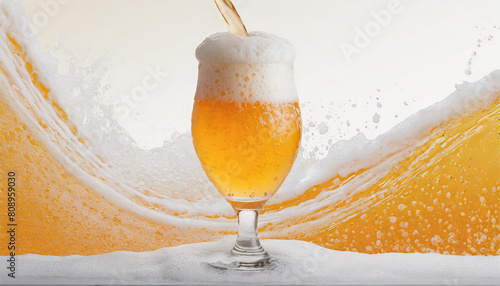 pouring beer with bubble froth in glass for background on front view wave curve shape