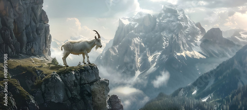 Goat climbing on top of mountain background - Ai Generated