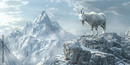 Goat climbing on top of mountain background - Ai Generated