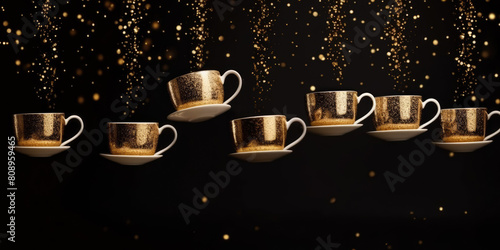 Golden Coffee cups levitating on a black background with gold confetti, copy space. Coffee break, Creative banner