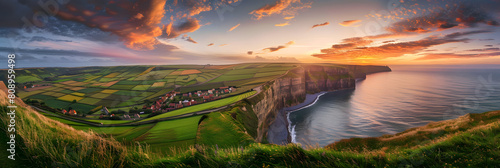 Captivating Sunset over Rural Town and Seaside Cliffs in the UK – A paradisiacal Holiday Destination photo