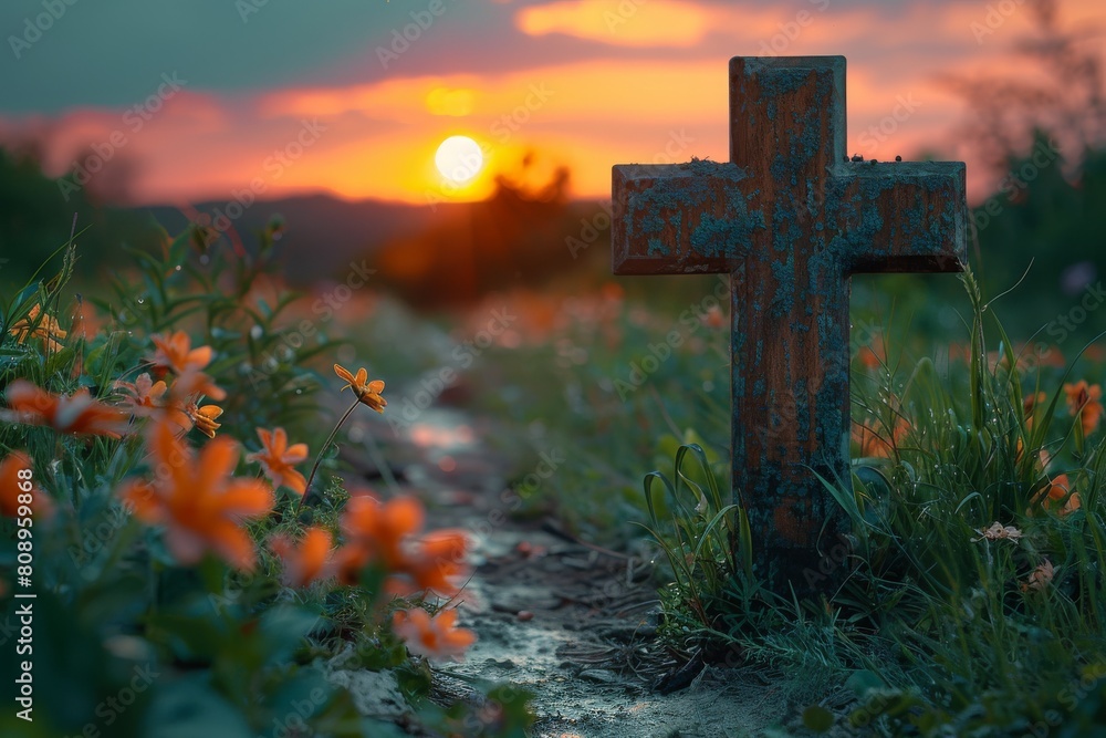 An ancient cross at the edge of a trail, set against a dramatic sunset backdrop offering a spiritual ambiance An ancient cross at the edge of a trail, set against a dramatic sunset backdrop offering a spiritual ambiance