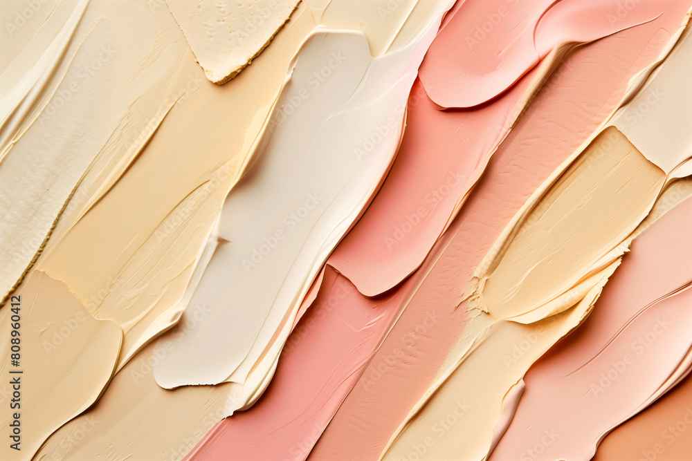 Variety of cosmetic creams. Top view of face foundation palette with diverse textures and colors, featuring product smears Variety of cosmetic creams. Top view of face foundation palette with diverse textures and colors, featuring product smears