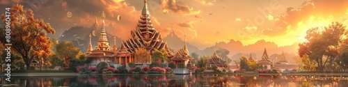 Stunning Sunset Over Ornate Buddhist Temple and Pagodas Reflecting in River in Thailand