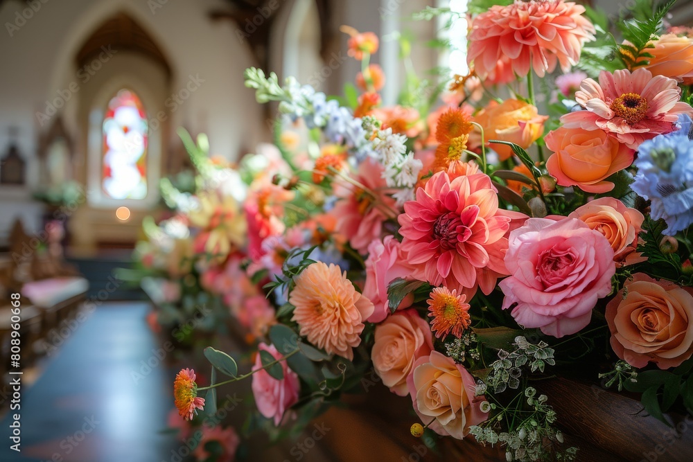 Lush floral display adorning a church pew adding a splash of color to a serene religious setting