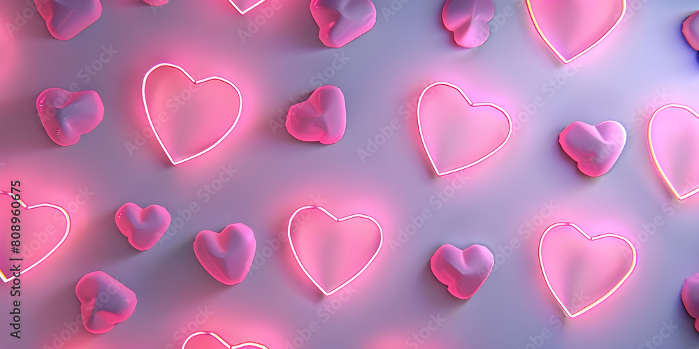 Neon pink hearts on white background - Ai Generated