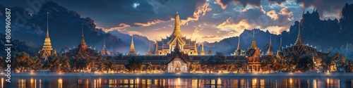 Magnificent Buddhist Temple Reflected in Serene River at Sunset in Thailand photo