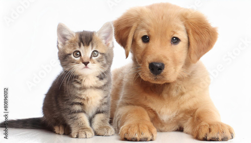 Friendship of puppy and kitten - golden retriever puppy and kitten cuddling © netsay