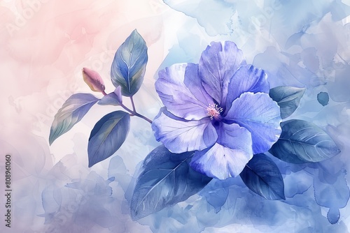 With gentle strokes  the Periwinkle flower blooms in watercolor  its dainty petals and glossy green leaves capturing the essence of its understated beauty and resilience.