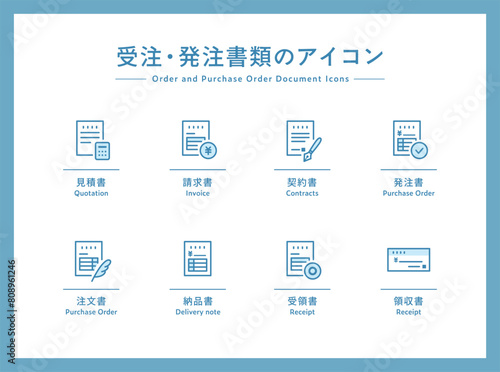 受注・発注の書類のアイコンセット　受発注　見積書　請求書　契約書　発注書　注文書　領収書　イラスト