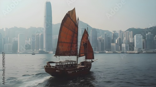 View on Hong Kong downtown from the sea with traditional chinese sailboat