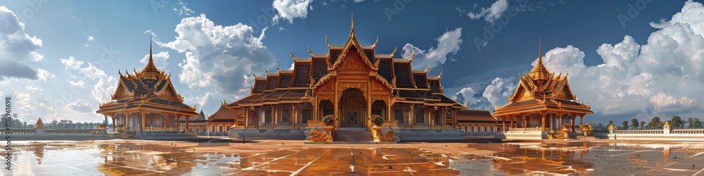 Majestic Thai Buddhist Temple with Ornate Architectural Details and Surrounding Landscape