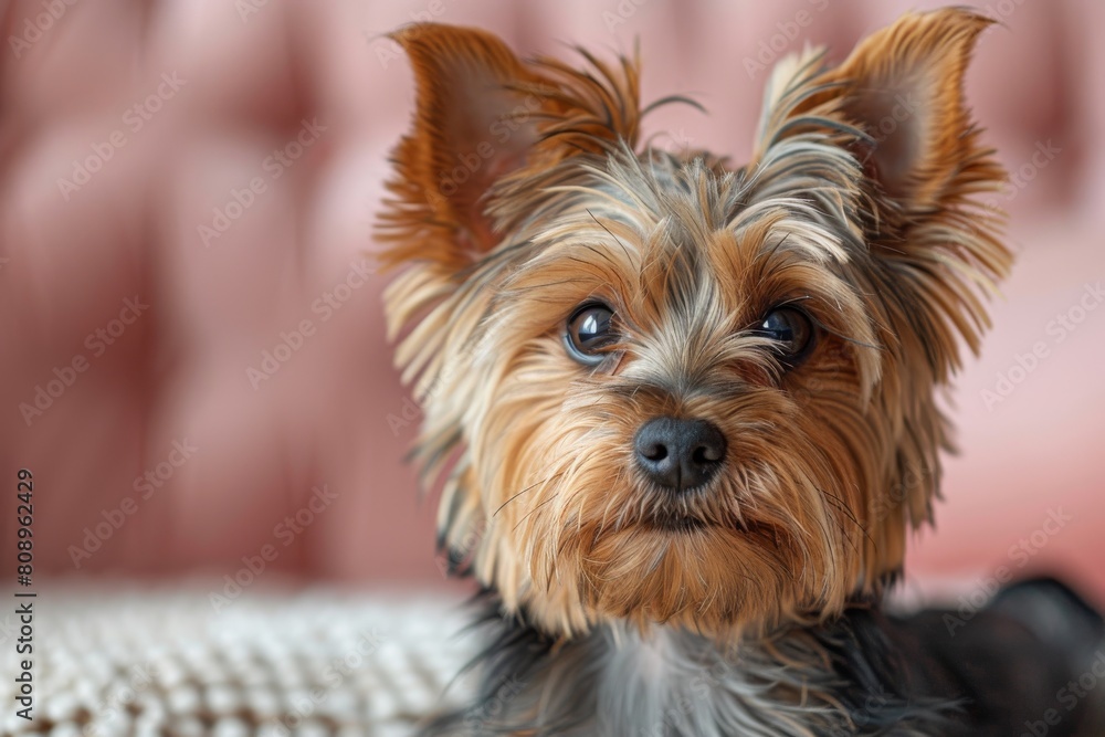 This high-resolution image captures the detailed texture of a Yorkshire Terrier's fur and its expressive eyes against a soft background