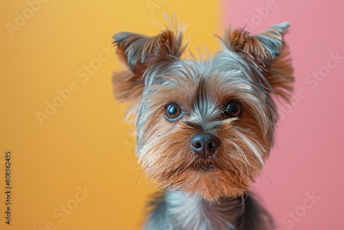 A Yorkshire Terrier poses before a split pink and yellow background, bringing out the playful and bright personality