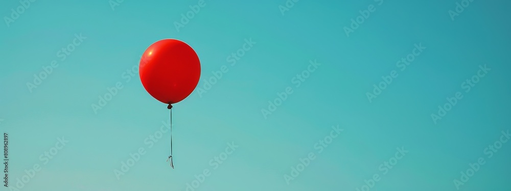 A single red balloon floating against a plain blue sky. A single red balloon floating against a plain blue sky.