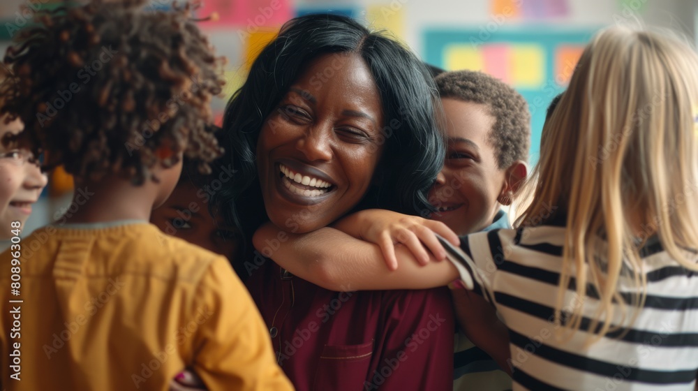 A Joyful Teacher Embracing Students A Joyful Teacher Embracing Students