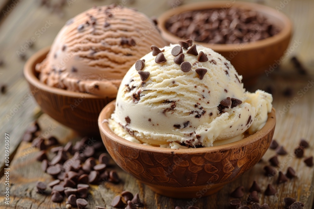Close-up picture of enticing ice cream scoops sprinkled with chocolate chips in a decorative wooden bowl Close-up picture of enticing ice cream scoops sprinkled with chocolate chips in a decorative wooden bowl