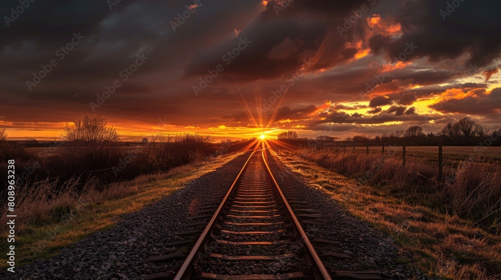 Sunset over railroad. Generative AI