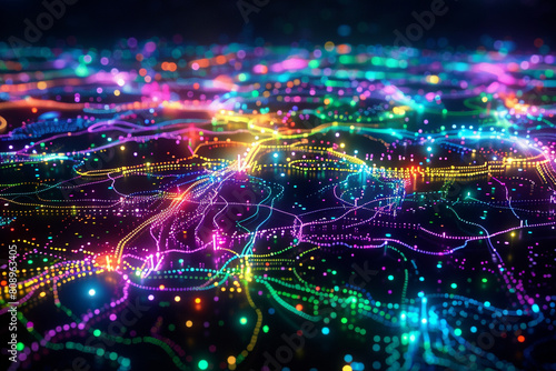 Neon-lit digital pathways forming a sprawling network of colorful connections in a virtual landscape.