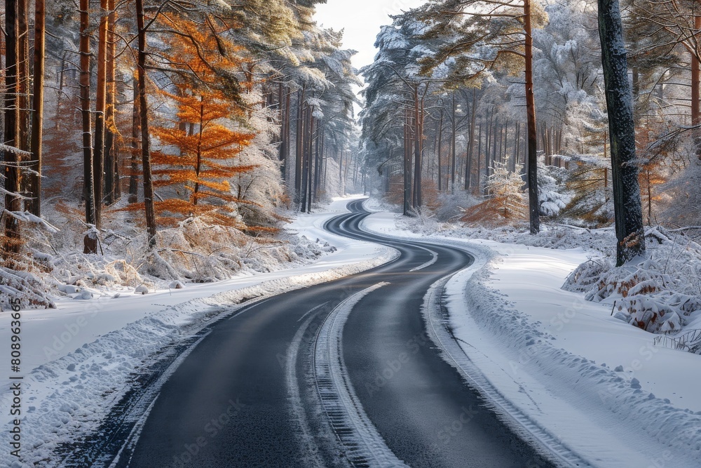A picturesque view of a winding road cutting through a snow-covered forest with trees lined up in the winter season A picturesque view of a winding road cutting through a snow-covered forest with trees lined up in the winter season