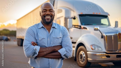 Confident Trucker with His Semi photo