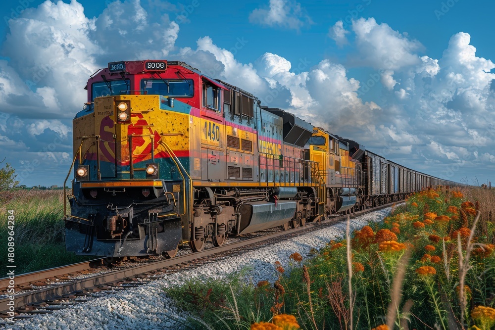 A striking image capturing a colorful cargo train against a backdrop of fluffy clouds and rustic scenery Passion, adventure, and the beauty of industrial innovation