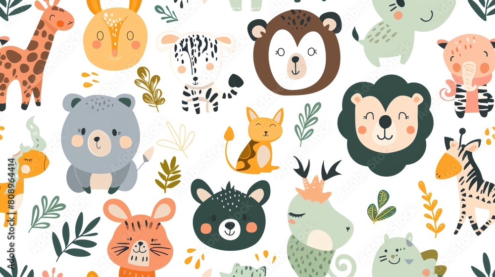 Naklejka premium Cute cartoon animals seamless pattern