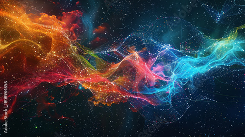 Network of colorful digital threads forming a vibrant mesh against a deep space background.