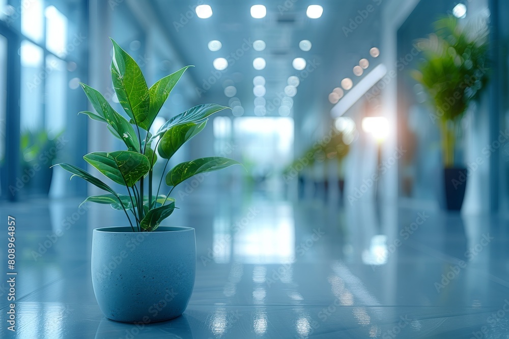 A sleek grey pot with vibrant green plant positioned elegantly on a reflective tiled floor in a bright, airy office A sleek grey pot with vibrant green plant positioned elegantly on a reflective tiled floor in a bright, airy office