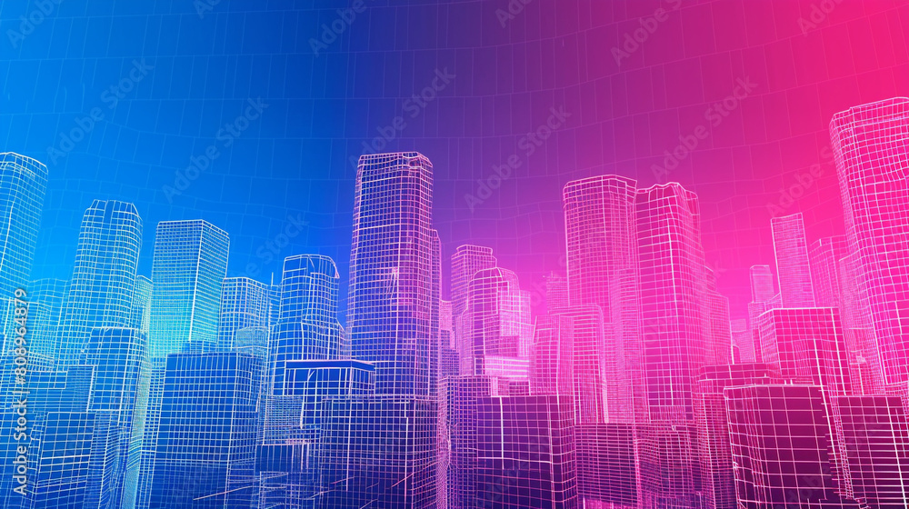 Night city gradient from neon pink to electric blue in a vibrant abstract wireframe energetic  lively