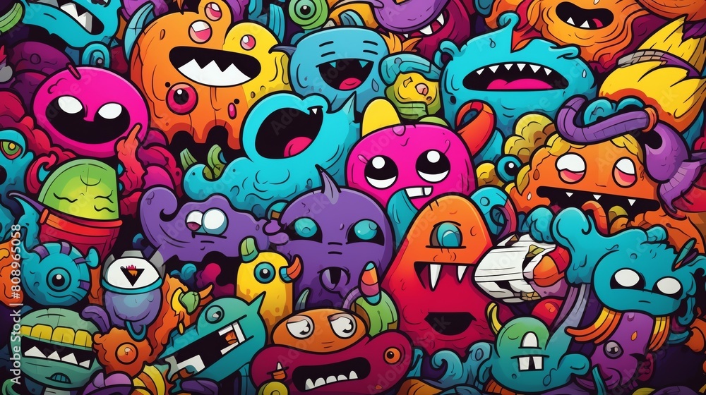 The image is a colorful and abstract drawing of many different monsters The image is a colorful and abstract drawing of many different monsters