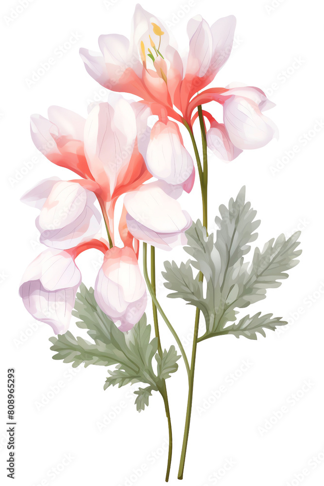 Pink dicentra flowers with green leaves on a white background.