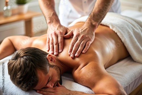 a man receive massage on back in spa photo