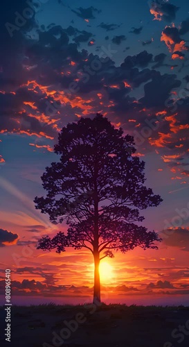 A large tree stands alone in a field, its branches reaching out towards the sky. The setting sun casts a warm glow over the scene, and the clouds are ablaze with color. The tree is a symbol of strengt photo