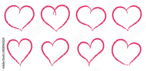 Red and pink crayon hearts painted with lipstick or pencil. Hand drawn chalk symbol of love. Vector Illustration