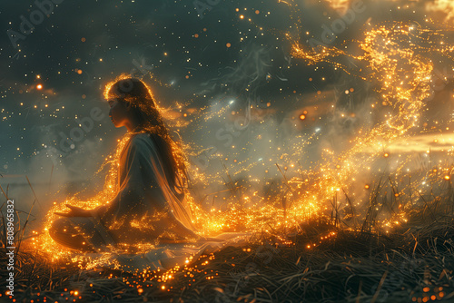 Ethereal woman with glowing dress in a dreamy field. The yogi's aura leaving a trail of light in each position, symbolizing the flow of energy