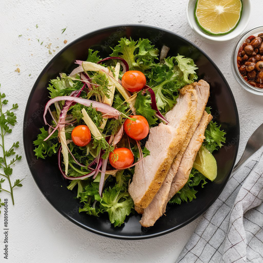 Chicken fillet with salad Healthy food keto diet diet lunch concept Top view on white background Chicken fillet with salad Healthy food keto diet diet lunch concept Top view on white background