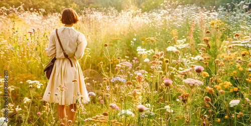 Jeune femme se promenant dans une prairie fleurie photo