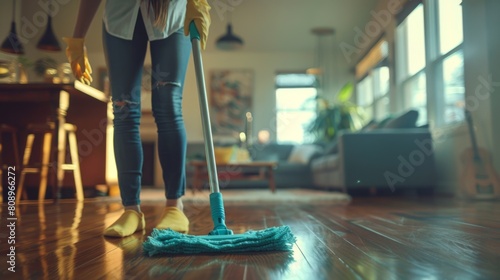 Woman Mopping the Living Room Floor