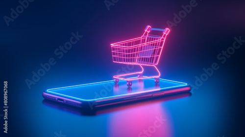Neon pink glowing shopping cart on smart phone, 3D illustration