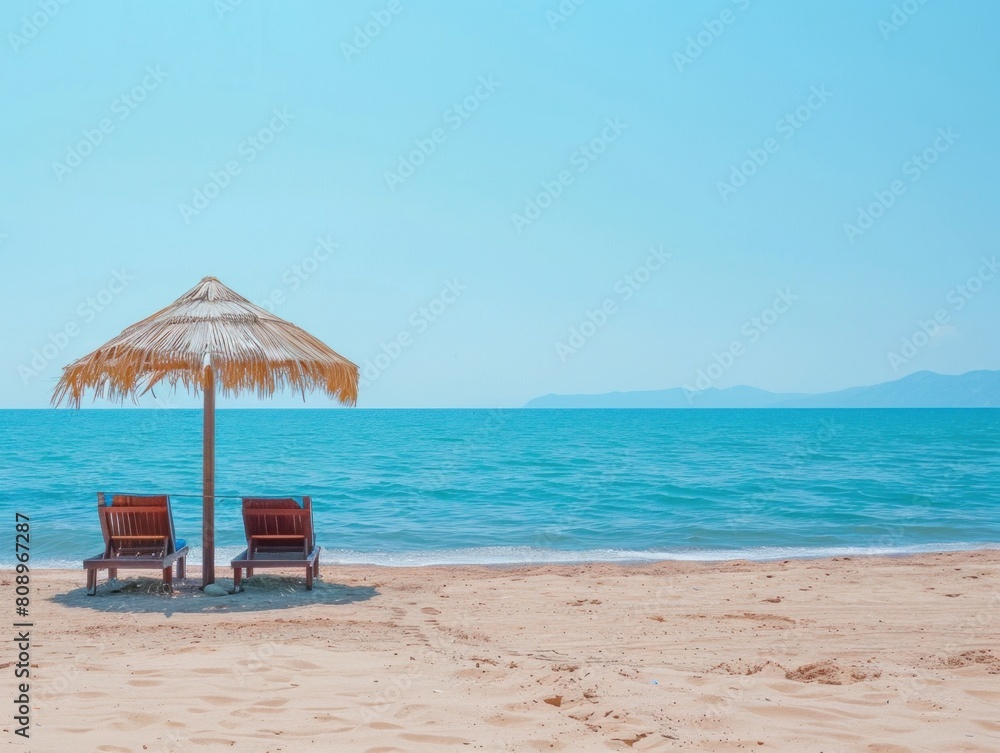Two empty seats under a tropical parasol stand on a sandy beach against the background of beautiful blue sea