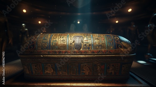 sarcophagus with egyptian mummy on a colorful hieroglyphs wall background inside a tomb in a pyramid secret chamber.