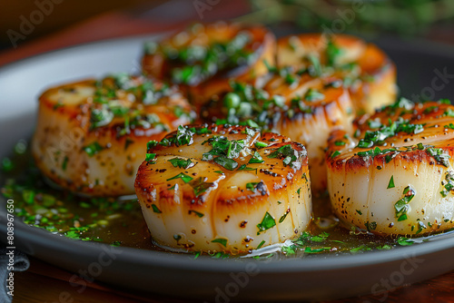 Seared Scallops in Herb Oil. Perfectly seared scallops garnished with herbs and spices, served in herb-infused oil.