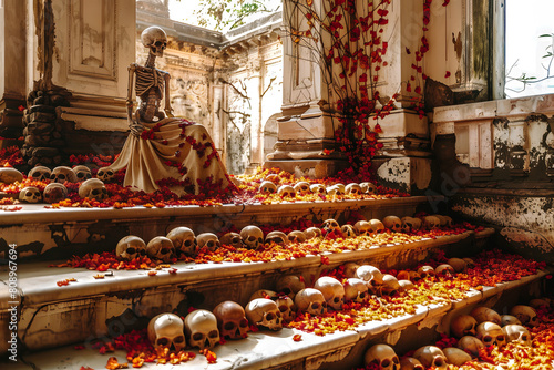 Squelette de femme en robe avec une multitude cranes dans un palais abandonné